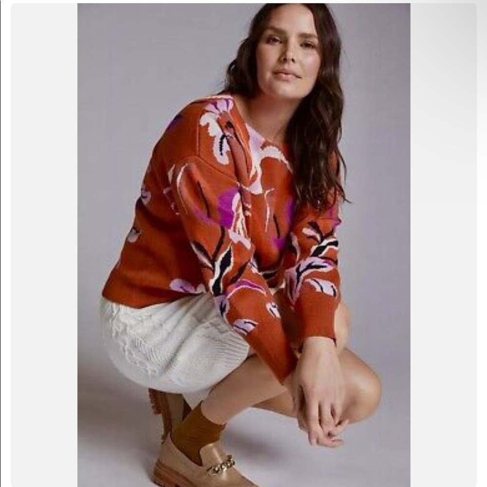 ANTHROPOLOGIE MAEVE BOATNECK PULLOVER FLORAL SWEATER TOP JACQUARD KNIT ORANGE XL